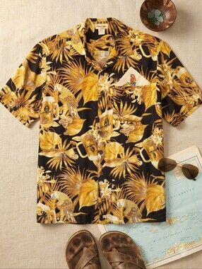 Panama Jack Parrot Beer Mug Hawaiian Print Button-Up Short Sleeve Shirt